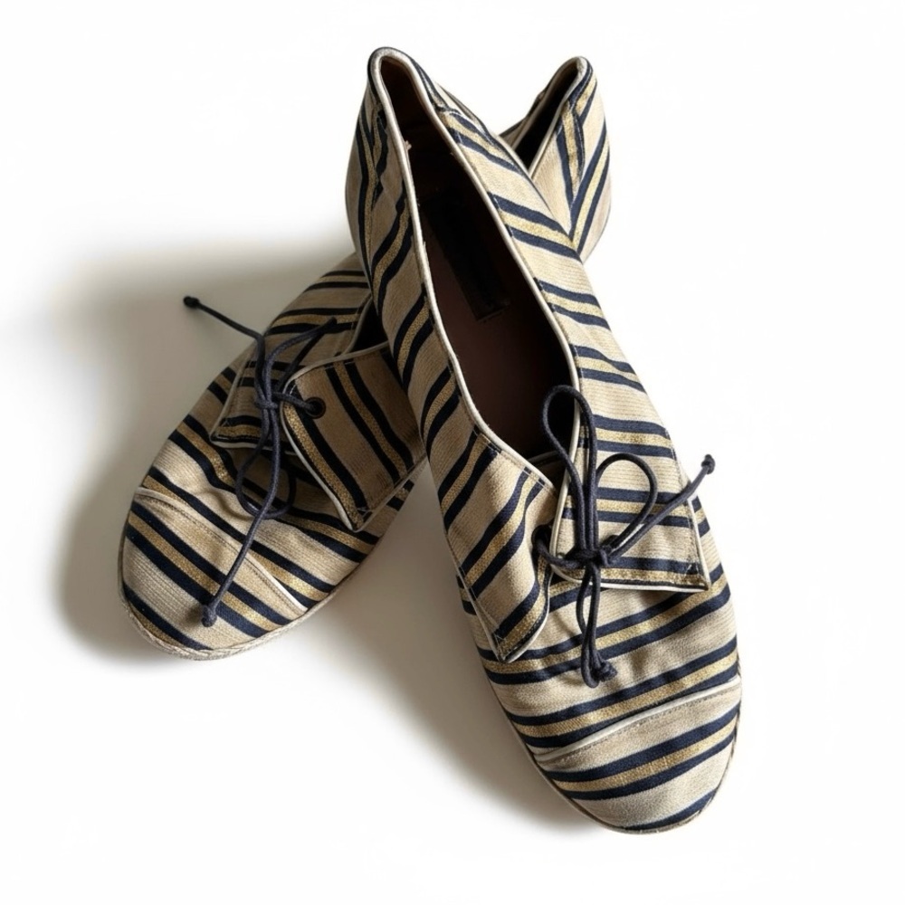 Tabitha Simmons Striped Espadrille Flats Gold Navy Made in Italy 38 (US 7)